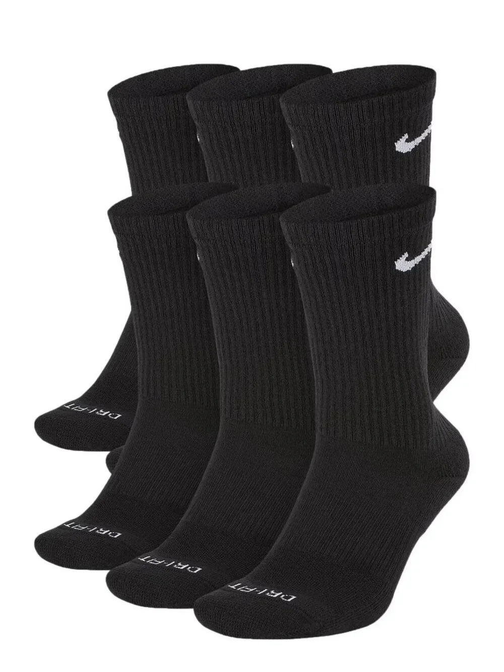 Nike Everyday Plus Cushion Crew Socks 6 Pack Black Dri-FIT Men's Size 6-8 New